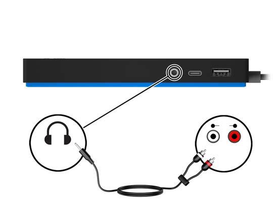 Připojení zvuku Můžete připojit sluchátka nebo reproduktory přímo do kombinovaného konektoru zvukového výstupu (pro sluchátka) / zvukového vstupu (pro mikrofon) na dokovací stanici.