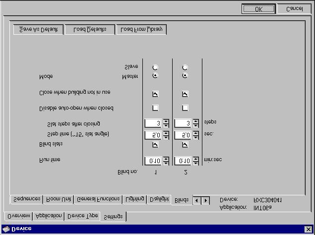 astavení parametrů DESIGO RXT10.1 Pro každý motor lze individuálně nastavit tyto parametry: Vyberte záložku Blinds v menu Device, Configuration, Settings.