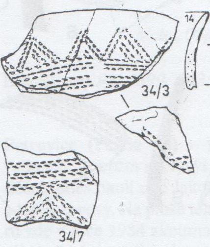 55 Obrazová příloha 5: Nálezy staré lineární keramiky z Liboce. (podle H. Olmerové a I. Pavlů, Olmerová, H.