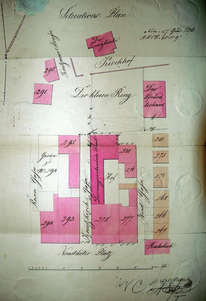 Obr. 3. Situační plán přístavby západního traktu domu č. p. 278-I z roku 1841, kolorovaná kresba tuší, sign.