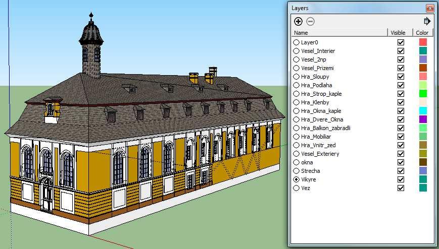 Obrázek 16: Model kaple před úpravou ve SketchUpu Do modelu byly přidány nové vrstvy (Layers), které byly pojmenovány podle prvkových tříd definovaných Standardem CityGML.