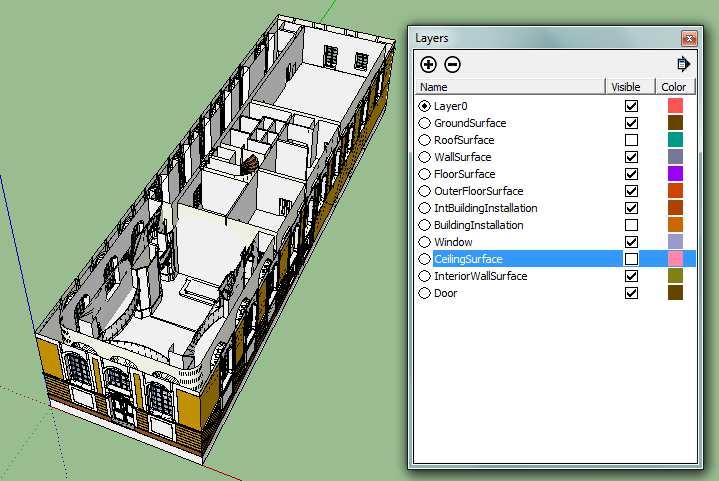 Obrázek 17: Model kaple v LOD4 rozčleněný do vrstev dle Standardu CityGML Vyexportovaný model ve formátu CityGML již mohl být pomocí rozšíření Data Interoperability, konkrétně pomocí nástroje