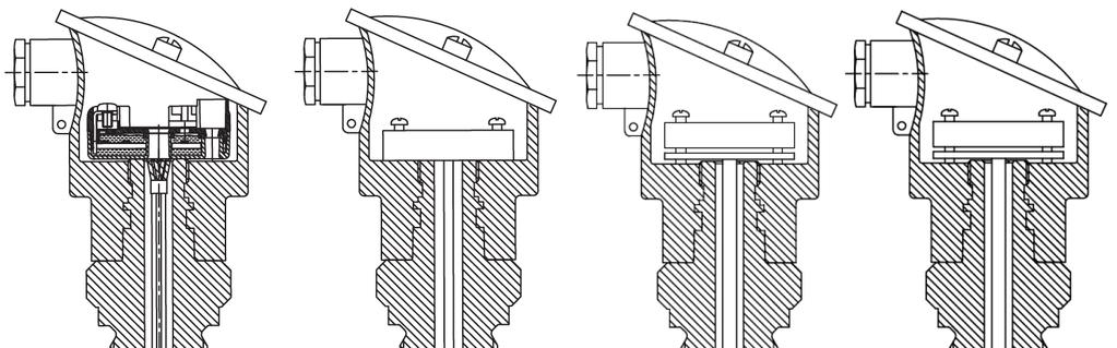 2 Konstrukční detaily, rozměry (mm) a zapojení Standardní hlavice Hlavice pro dva převodníky Zabudovaný senzor Vložený senzor s kablíkem Odporová měřicí vložka dle DIN 43762 76 76 102 Průchodka M16