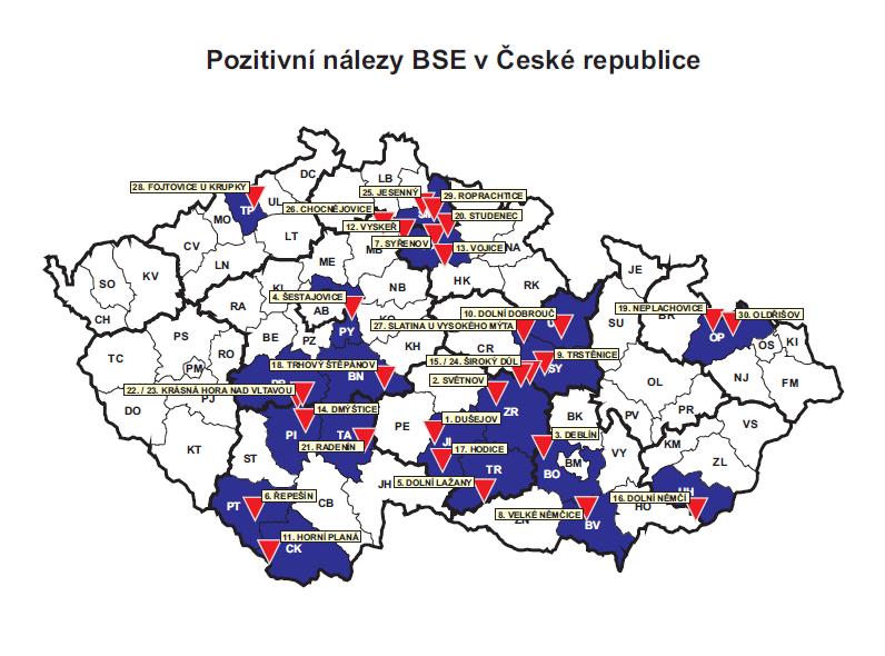 Obrázek č. 10: Mapa pozitivních nálezů BSE v České republice (převzato z www.svscr.cz) 2.