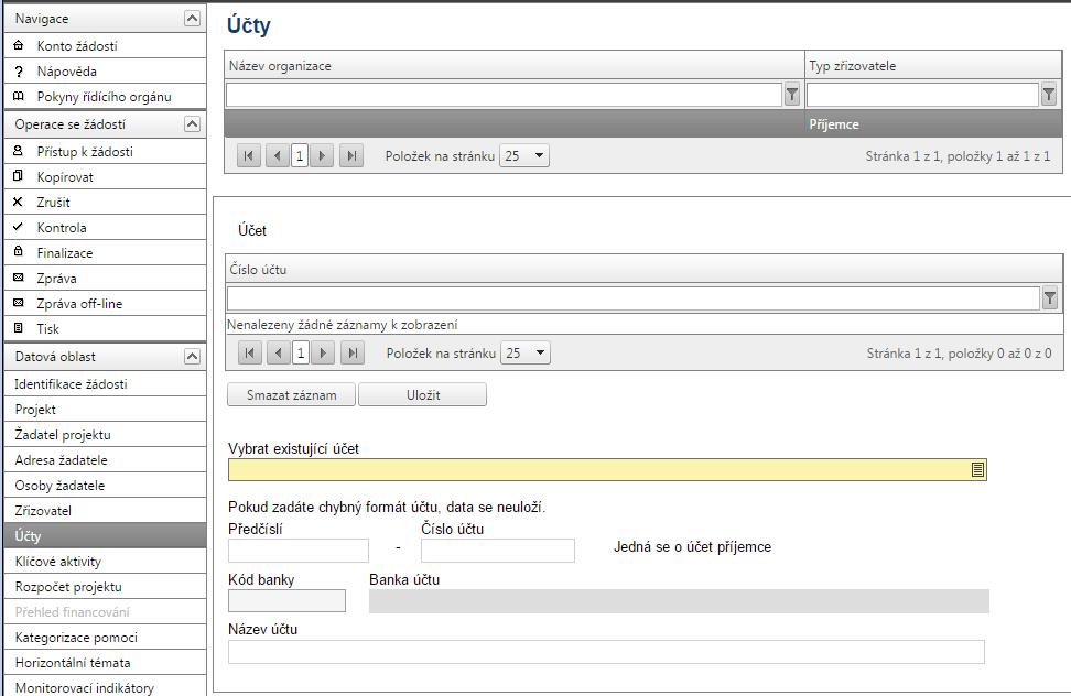 2.10 Účty Záložka Účty obsahuje automaticky načtené záznamy zřizovatelů a příjemce.