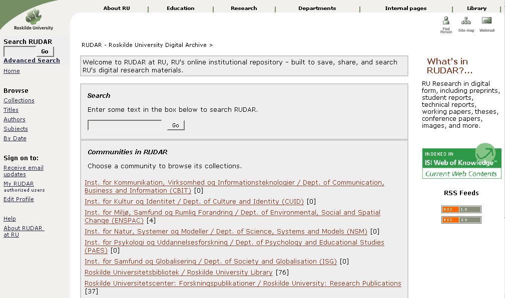 o zaměření archivu a o systému ISI Current Web Contents indexujícího obsah repozitáře. [RUDAR, 2004] Obr. č. 1: Náhled domovské stránky RUDARu.