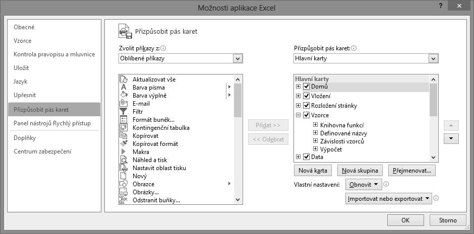 Kapitola 1 Úvod do Excelu 2013 Obrázek 1.6 Dialog Možnosti aplikace Excel, karta Přizpůsobit pás karet Postup rozšíření pásu karet o vlastní kartu: 1.
