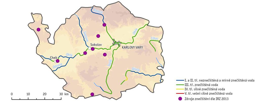 3 Voda 3.1 Jakost vody Ve vodních tocích Karlovarského kraje byla ve dvouletém období 2014 2015 voda hodnocena většinou v I. III. třídě jakosti, pouze na krátkém úseku Střely byla dosažena IV.