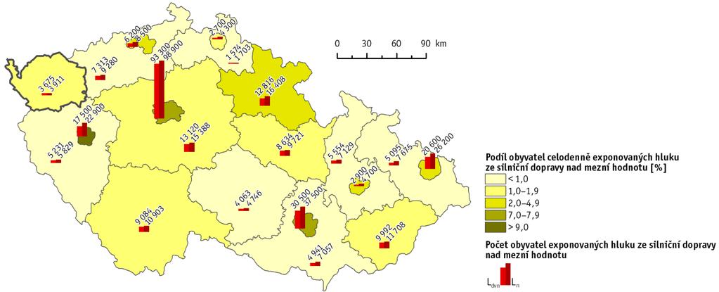 9.2 Hluková zátěž obyvatelstva Celodenní hlukovou zátěží z hlavních silnic 6 nad 50 db je v Karlovarském kraji zasaženo 16,7 % obyvatel, z toho hladinám hluku nad mezní hodnoty 7 je exponováno 3,7