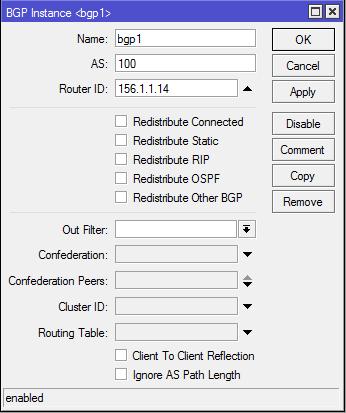 Obr. 1.10 BGP - vytvoření instance Po vytvoření instance je nutné specifikovat směrovače, se kterými budeme chtít navázat spojení. Tato část se nastavuje v záložce Peers (Routing/BGP).