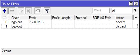 Záznam se přidává v menu Routing/BGP/Networks. Zde zvolte symbol plus pro přidání sítě a vyplňte zde požadovaný záznam 7.7.0.0/16.