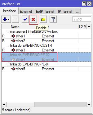 vedoucí do směrovače EVE-BRNO-CORE-02, přes který jsou data nyní směrována. Spoj je možné vypnout v menu Interfaces. Zde má každé využité rozhraní svůj popisek.