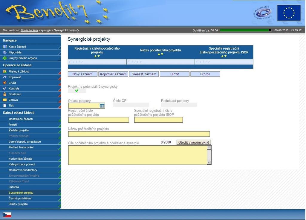 Obrázek 2: Příklad zanesení informace o synergickém projektu do elektronické žádosti BENEFIT7 Zdroj: elektronická žádost BENEFIT7, www.eu-zadost.cz, 9.6.