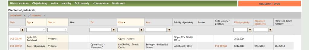 Přehled objednávek svozu Přehled objednávek svozu je přehledný seznam, který zobrazuje všechny uskutečněné nebo aktuálně probíhající svozy.