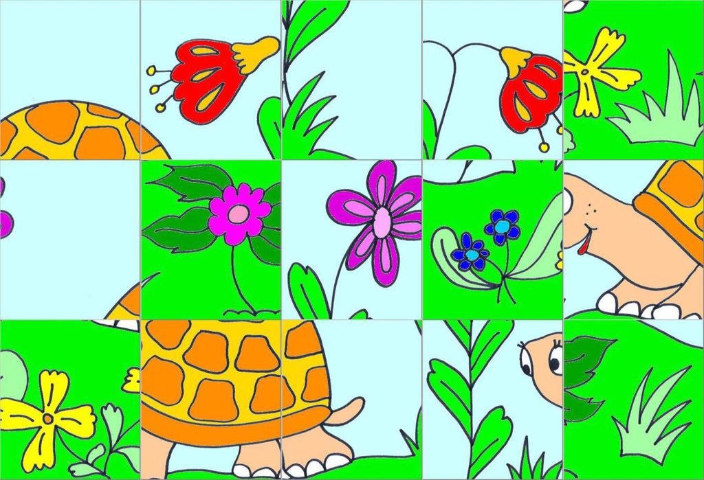 Poskládejte si obrázek želvy. Vystřihněte jednotlivé dílky skládačky podle šedých čar a dejte obrázek dohromady.