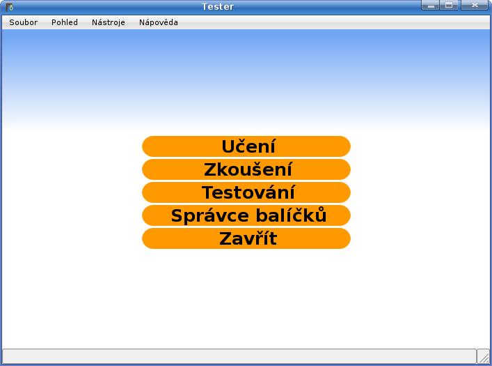 Obrázek 7.2: Hlavní okno aplikace Tester. Nástroje: Zkoušení volba režimu. Testování volba režimu. Správce balíčků zobrazí dialog pro správu balíčku. Rozšíření zobrazí dialog pro správu rozšíření.