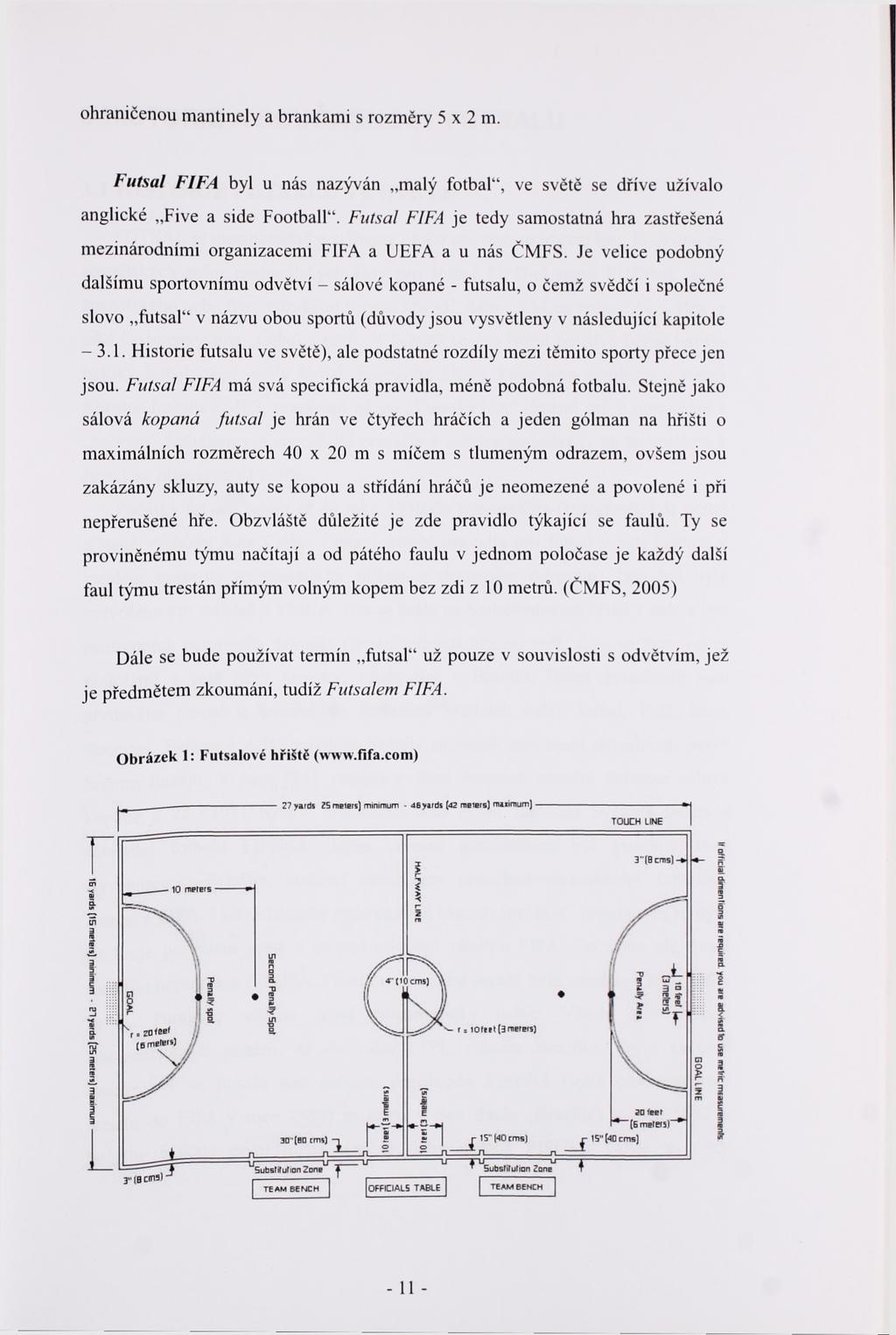 ohraničenou mantinely a brankami s rozměry 5 x 2 m. Futsal FIFA byl u nás nazýván malý fotbal", ve světě se dříve užívalo anglické Five a side Football".