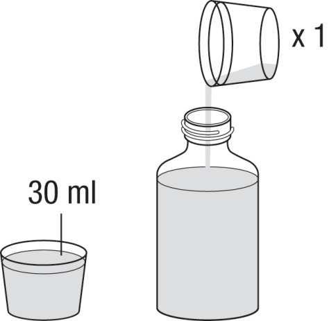 5. Sejměte uzávěr. 6. Za použití přiložené odměrky odměřte dalších 30 ml vody a přilijte do lahvičky. Vždy přidejte celý objem 90 ml (3x30 ml) vody bez ohledu na dávku, která má být podána.