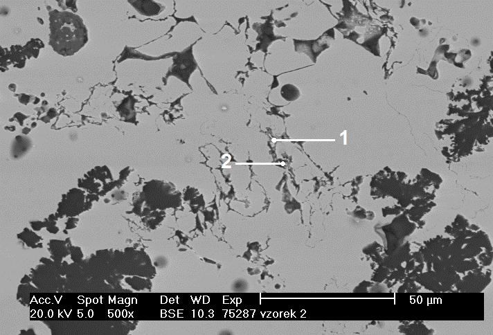 FSI VUT BAKALÁŘSKÁ PRÁCE List 43 Obr. 8.11 Snímek 75287 Obrázek 8.11 vmístě 1 vykazuje prvky na bázi Si, Mg a velkého množství Fe. V místě 2 je kyslík, hořčík a hliník.