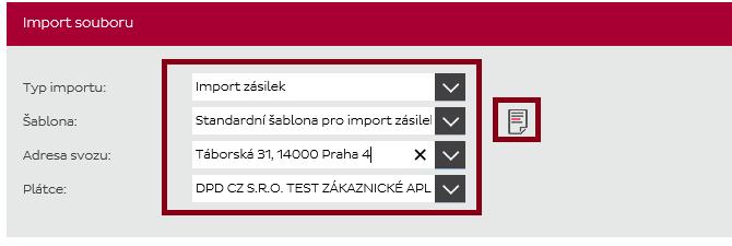 Typ importu:import zákazníků (Vašich příjemců), Import kompletních zásilek. Vaše nastavená šablona. Nastavuje technická podpora. Adresa, kde mají být zásilky svezeny.