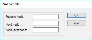 V případě, že je uživatel přihlášen do programu přes nastavené heslo, je nutné nejprve zadat původní heslo a pak dvakrát heslo nové. Minimální délka hesla je šest znaků.