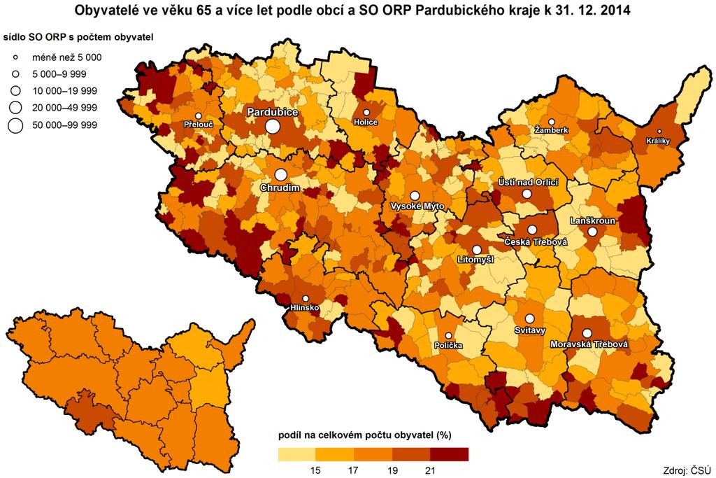 Porovnáním indexu stáří dle velikostních skupin obcí vidíme, že nejvyšší hodnoty indexu stáří patří obyvatelům Pardubic (138,9) a nejnižší hodnota náleží obyvatelům obcí s 5-999 obyvateli (95,7). Tab.