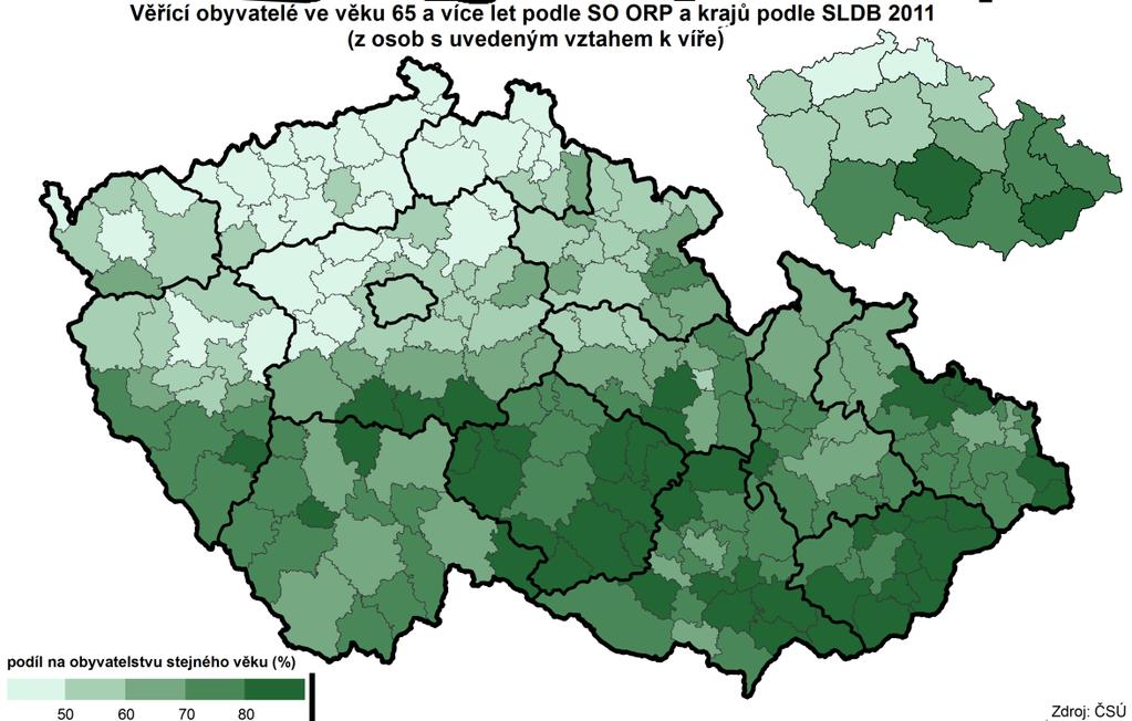 Okres s největším podílem věřících obyvatel starších 65 let na všech seniorech (včetně osob s neuvedeným vztahem k víře) v Pardubickém kraji byl okres Svitavy (44,8 % ze všech obyvatel v seniorském