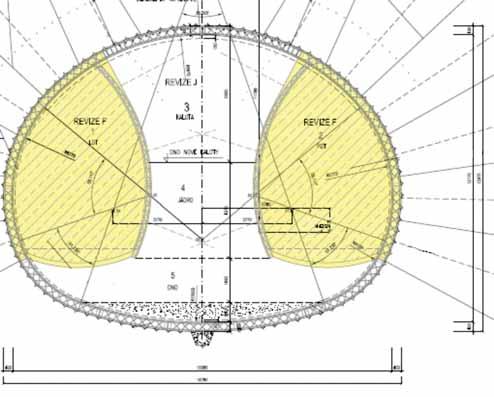 Obr. 9 Příčný profil tunelu v revizi J s původními opěrovými tunely vyplněnými jílocementem Fig.