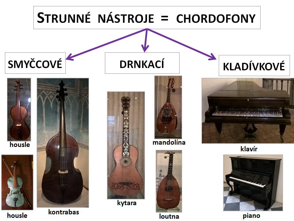 7 STRUNNÉ NÁSTROJE = CHORDOFONY Nástroje chordofonické neboli strunné jsou nástroje, které mají strunu upevněnou na obou koncích.