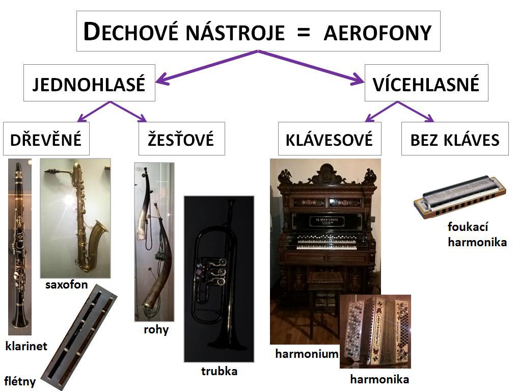 8 DECHOVÉ NÁSTROJE = AEROFONY V aerofonech vzniká zvuk rozechvíváním vzduchu pomocí dechu hráče. Dělíme je do dvou kategorií na dechové nástroje jednohlasé a vícehlasé.