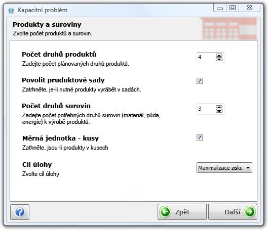 7.2 Modul kapacitní problém 21 3. Počet druhů surovin suroviny a omezení, ze kterých se v modelu formulují omezující podmínky. Jejich počet je omezen na maximálně 20 druhů. 4.