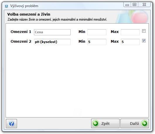 7.5 Modul řezný problém 25 Obr. 5: Třetí formulář modulu výživový problém cílové funkce vybrané v prvním formuláři. V posledním sloupci je možné zatrhnout průměrovou veličinu (například ph).