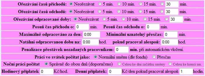 Základní parametry (zelená tabulka) obsahují hlavní položky, které mají na započítávání odpracované doby vliv.