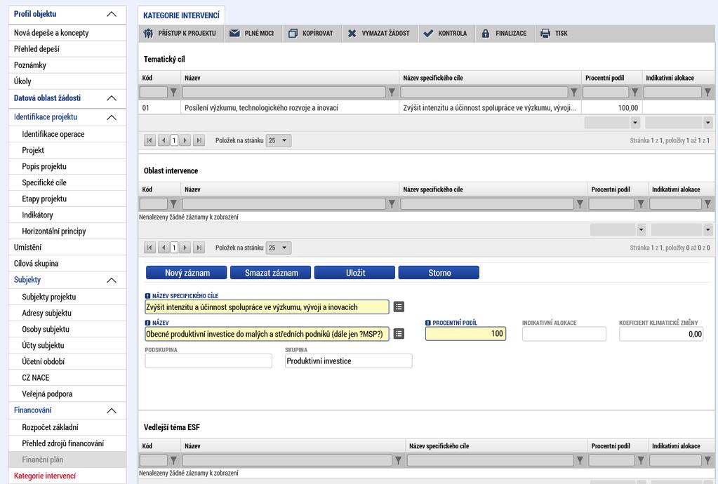 1.4.18 Kategorie intervencí Na této záložce se jednotlivá data