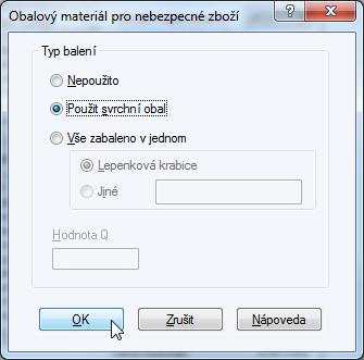 9. Zobrazí se okno Obalový materiál pro nebezpečné zboží. Vyberte vhodný typ balení pro svou zásilku.