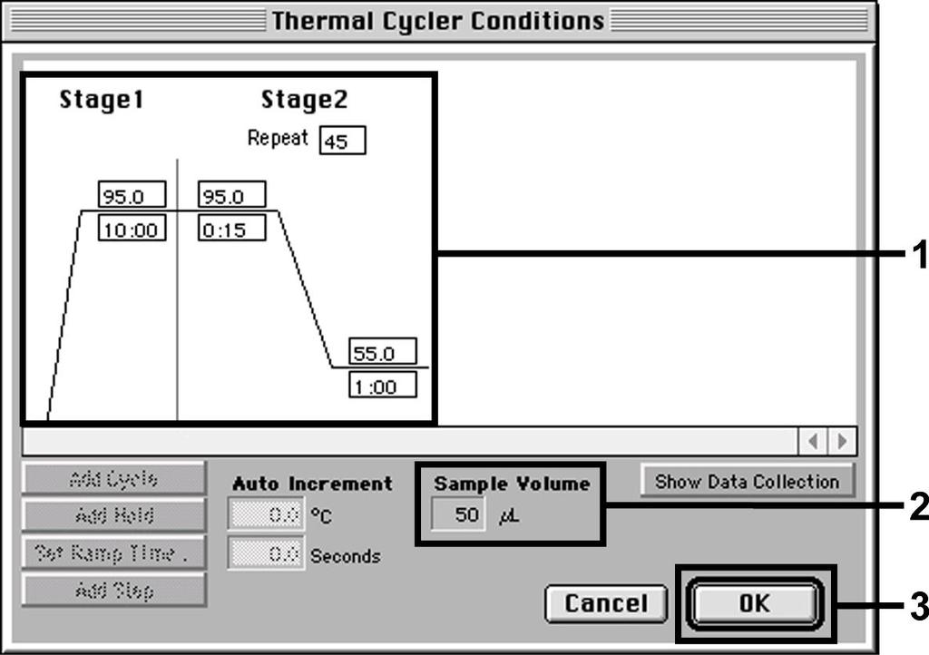 Obr. 13: Vytvoření teplotního profilu. Kromě toho se v nabídce Thermal Cycler Conditions nachází volba Show Data Collection. Zvolením této volby se dostanete do okna zobrazeného na Obr. 14.