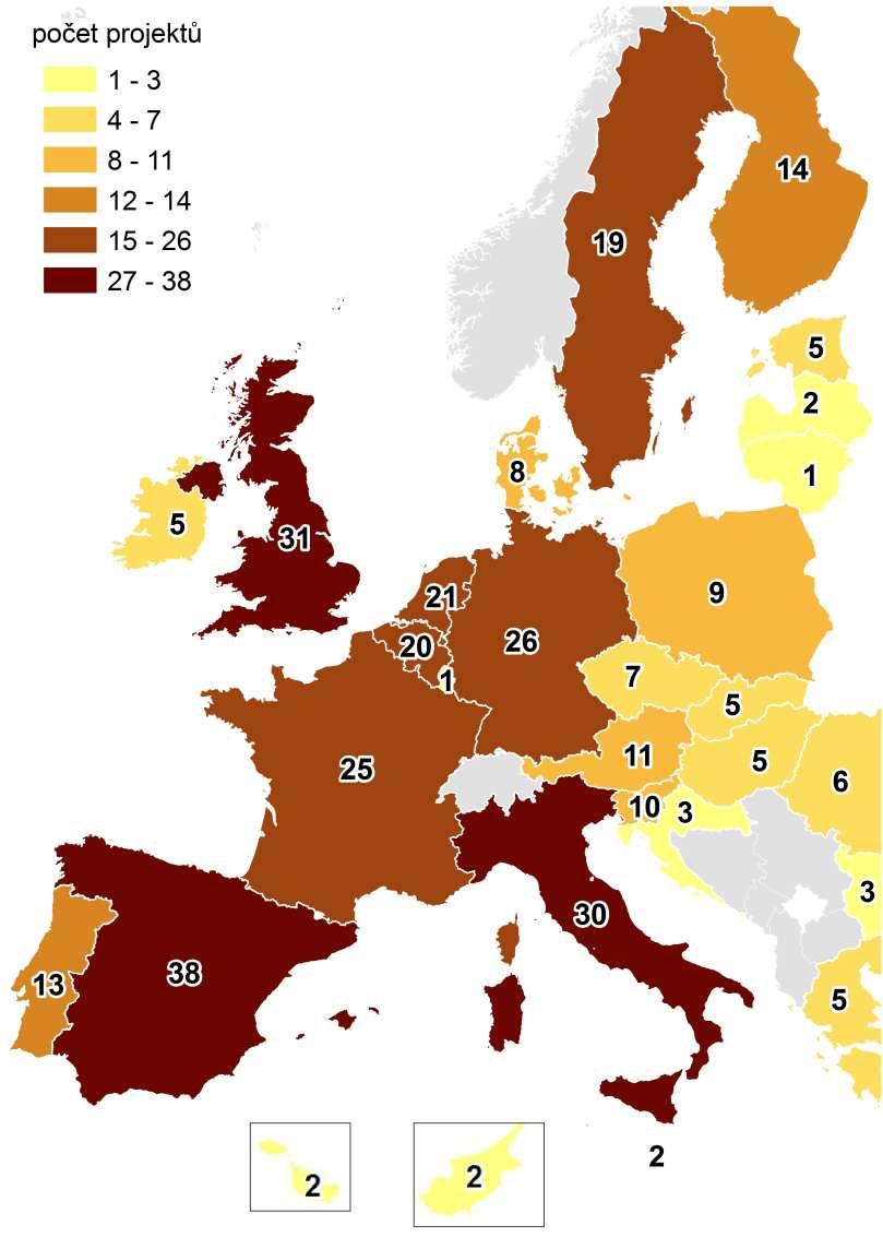 ENVI - počty projektů v EU-28 stát týmy projekty uzn. nákl.