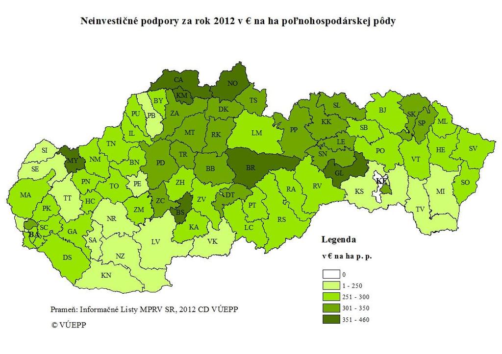 Mapa č. 1 Úroveň výroby nad priemerom Slovenska dosiahli kraje západného Slovenska, najviac Trnavský kraj (1789.ha -1 p.