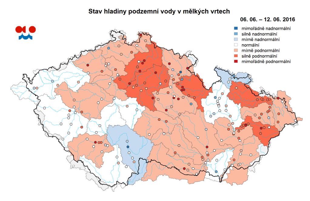 Mapa ukazuje stav podzemní vody ve sledovaných vrtech a oblastech povodí dle pravděpodobnosti překročení úrovně hladin v daném týdnu v referenčním období 1981 2010 (viz text).