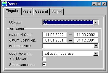 Deník Tisk deníku Deník je možné tisknout po uživatelích, dle data vložení, data účetní operace. Je-li zadán druh operace, pak je vytištěn jen tento druh operace z požadovaného období.