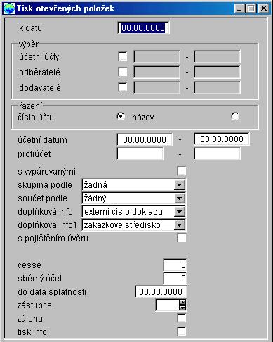 Otevřené položky tisk K jednotlivým polím: k datu výběr řazení výběr dle...: datumové pole Zde je zadán rozhodný den, ke kterému má program zohlednit otevřené položky.
