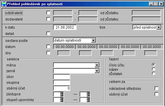 Přehled pohledávek po splatnosti odběratelé/dodav. od zůstatku k datu tisk detail přehled po datum/ dny K jednotlivým polím:...: Checkboxem zvolíte, zda mají být vybráni odběratelé a/nebo odběratelé.