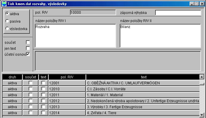 Kmenová data rozvahy, výsledovky K jednotlivým polím: aktiva/pasiva/výsledovka...: 3 x Radio Buttons Výběr, zda chcete sestavit členění aktiv, pasiv nebo výsledovky. osnova.