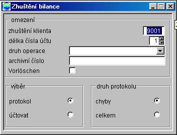 Zhuštění rozvahy, výsledovky zhuštění klienta délka čísla účtu K jednotlivým polím:...: 4-místné, numerické pole Výběr klienta, pro něhož má být zhuštění provedeno.