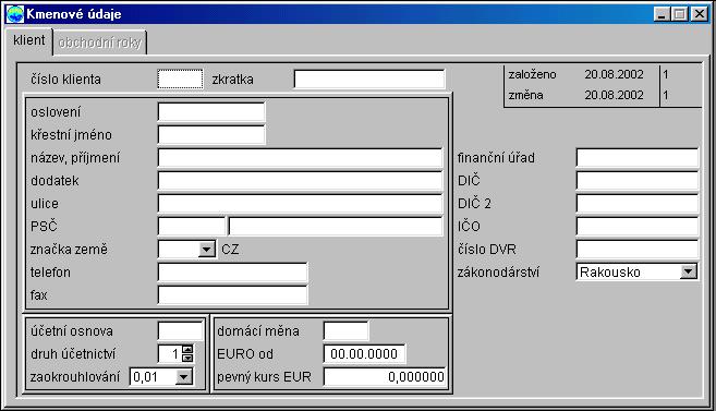 Klient Zde jsou zadávány všeobecné údaje o klientovi. Obrazovka je rozčleněna na tři části; v první části je zadáváno jméno, adresa,..; ve druhé části je definováno spojení na jiné klienty popř.