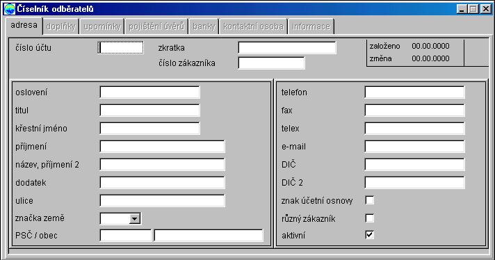 Adresa Zde jsou zadávány všeobecné údaje odběratele (jako jméno, adresa, ): K jednotlivým polím: číslo účtu zkratka...: 8-místné, alfanumerické pole; dovolen jen numerický údaj.