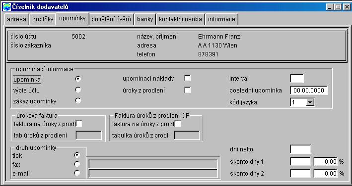 Upomínky Zde jsou zadávána pro dodavatele taková data, která jsou rozhodující zásadně pro modul upomínky, je-li dodavatel zároveň také odběratelem.