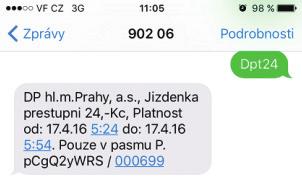 SMS jízdenka Pomocí zprávy SMS lze získat jízdenky v ceně 24, 32, 110 nebo 310 Kč zasláním SMS zprávy s textem DPT24, DPT32, DPT110 nebo DPT310 (podle ceny jízdenky) na číslo 902 06.