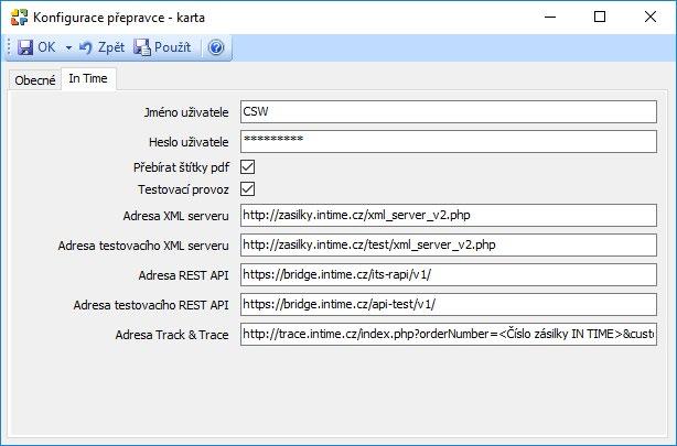 Na kartě Konfigurace přepravce jsou v Money uložené všechny internetové adresy, které se využívají ke komunikaci se společností In Time Veškeré nastavení potřebné pro import se do přebírá z karty