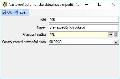 Aktualizace stavu expedičních dokladů Tento zásuvný modul na základě údajů odesílaných přepravní službou aktualizuje pole Stav na kartách Expedičních dokladů a Balíků.